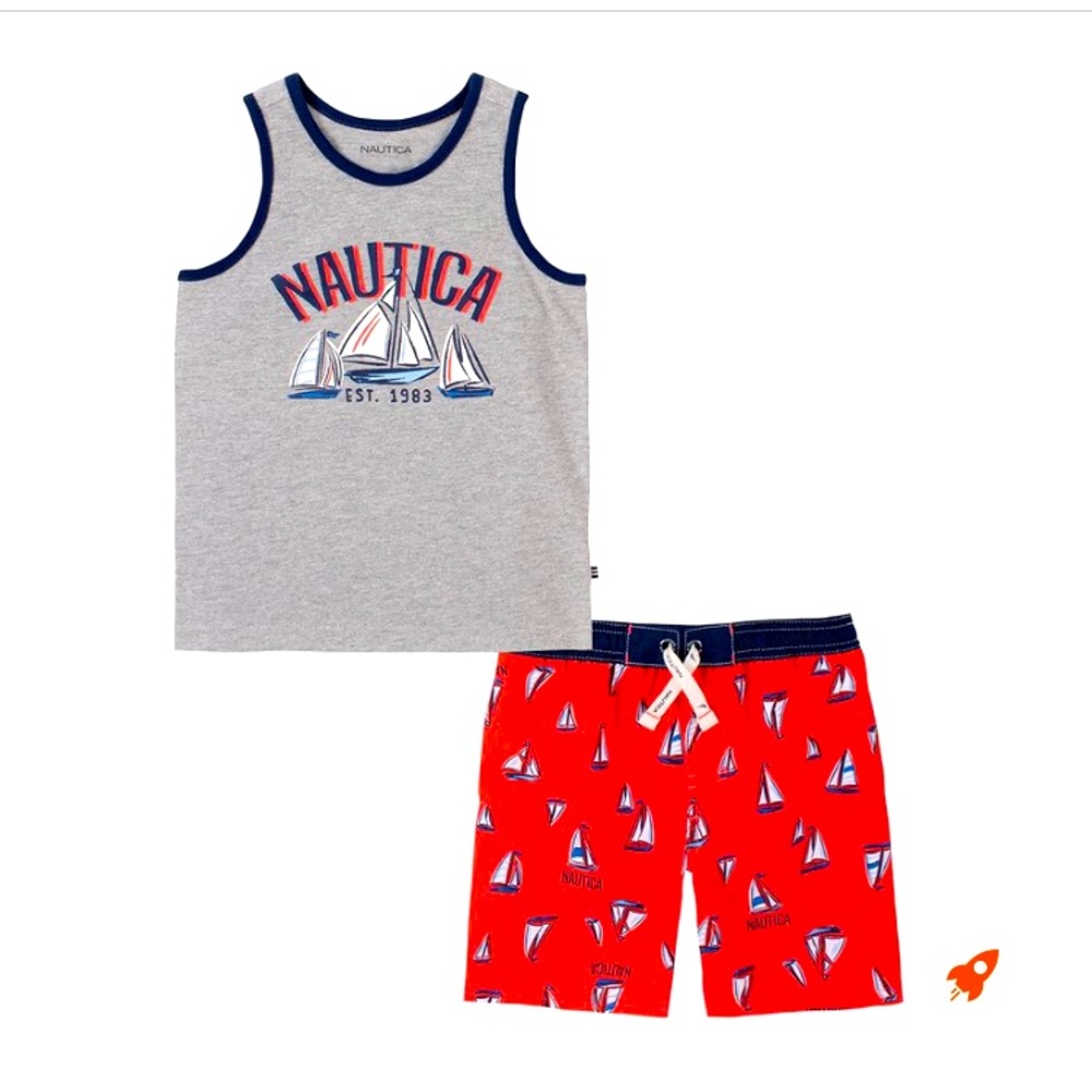 Size 5 boys Nautica shirt and swim trunks.